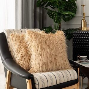 Set of 2 Fluffy Faux Fur Throw Pillow Covers- Beige